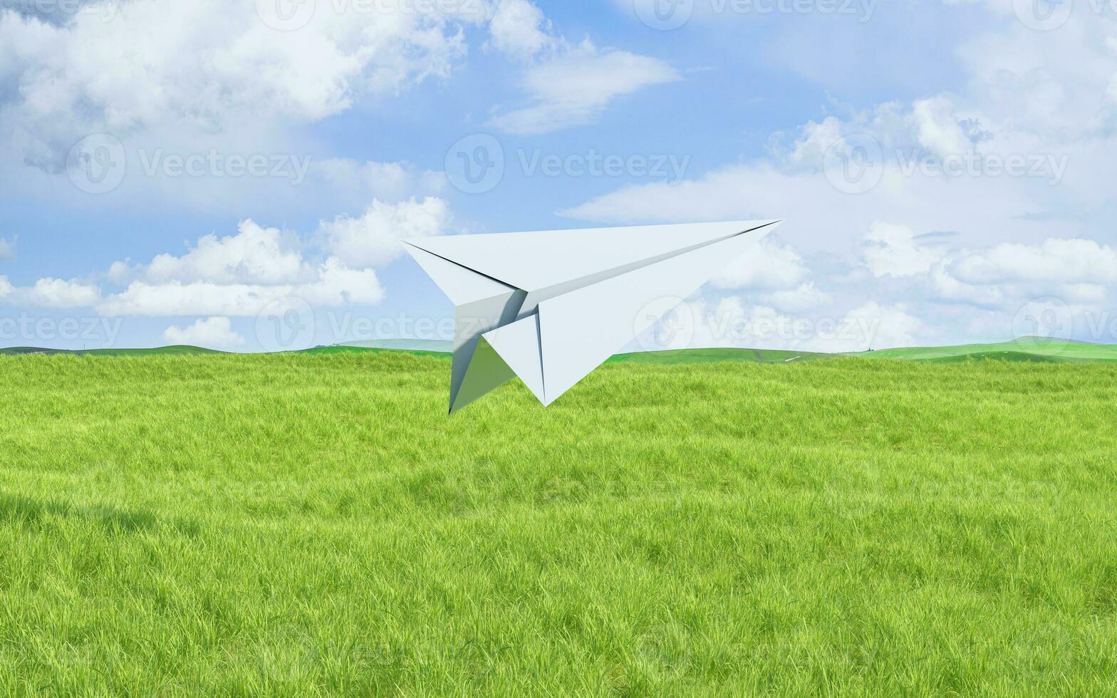 Papier Flugzeug fliegend auf das Wiese, 3d Wiedergabe. foto