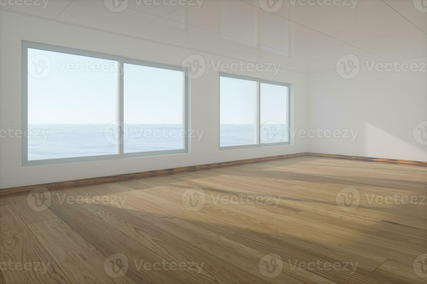 das leeren Zimmer mit hölzern Boden. aus von das Fenster ist das Meer. 3d Wiedergabe. foto