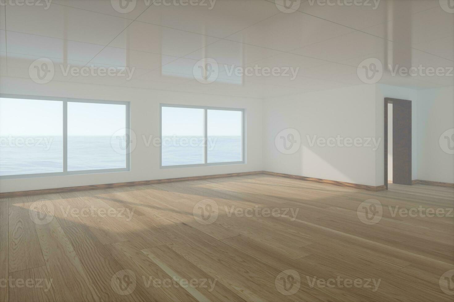 das leeren Zimmer mit hölzern Boden. aus von das Fenster ist das Meer. 3d Wiedergabe. foto