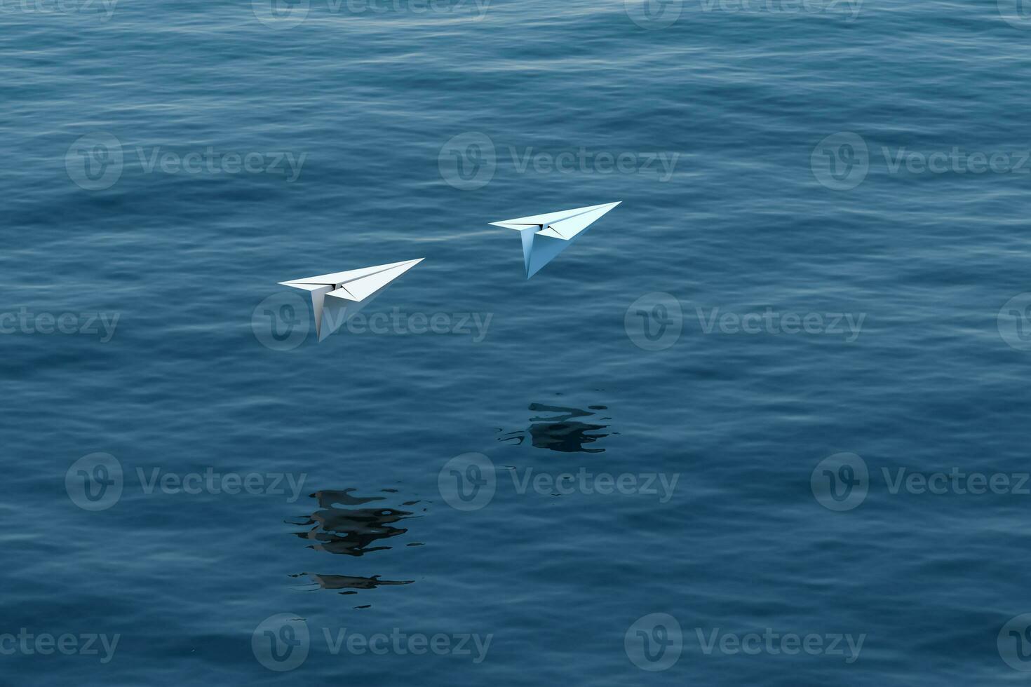 zwei Papier Flugzeug fliegen Über das See, 3d Wiedergabe. foto