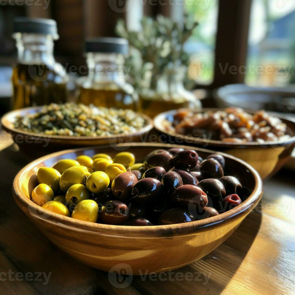 Weiß hölzern Schüssel mit ein Vielfalt von Oliven und Rosmarin im Öl. foto