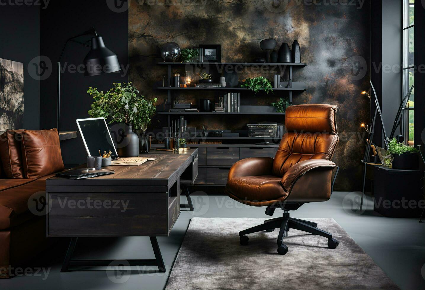 modern Arbeitsplatz mit komfortabel Stuhl im stilvoll Zuhause Büro Innere. erstellt mit generativ ai foto