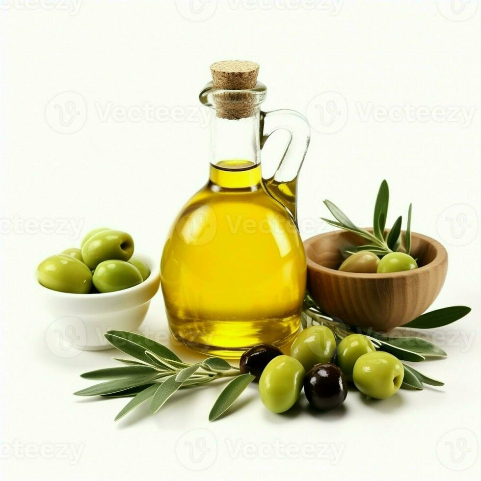 Dort ist ein Flasche von Olive Öl Das ist isoliert auf ein Weiß Hintergrund. foto