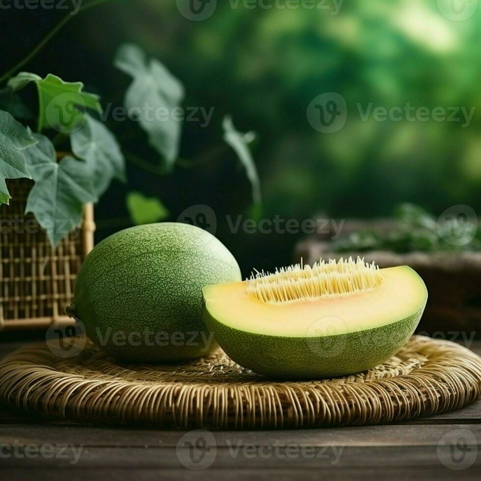 Grün Krone Moschus Melone auf verschwommen Grün Hintergrund, Cantaloup-Melone Krone Melone Obst im Bambus Matte auf hölzern Tabelle im Garten generativ ai foto