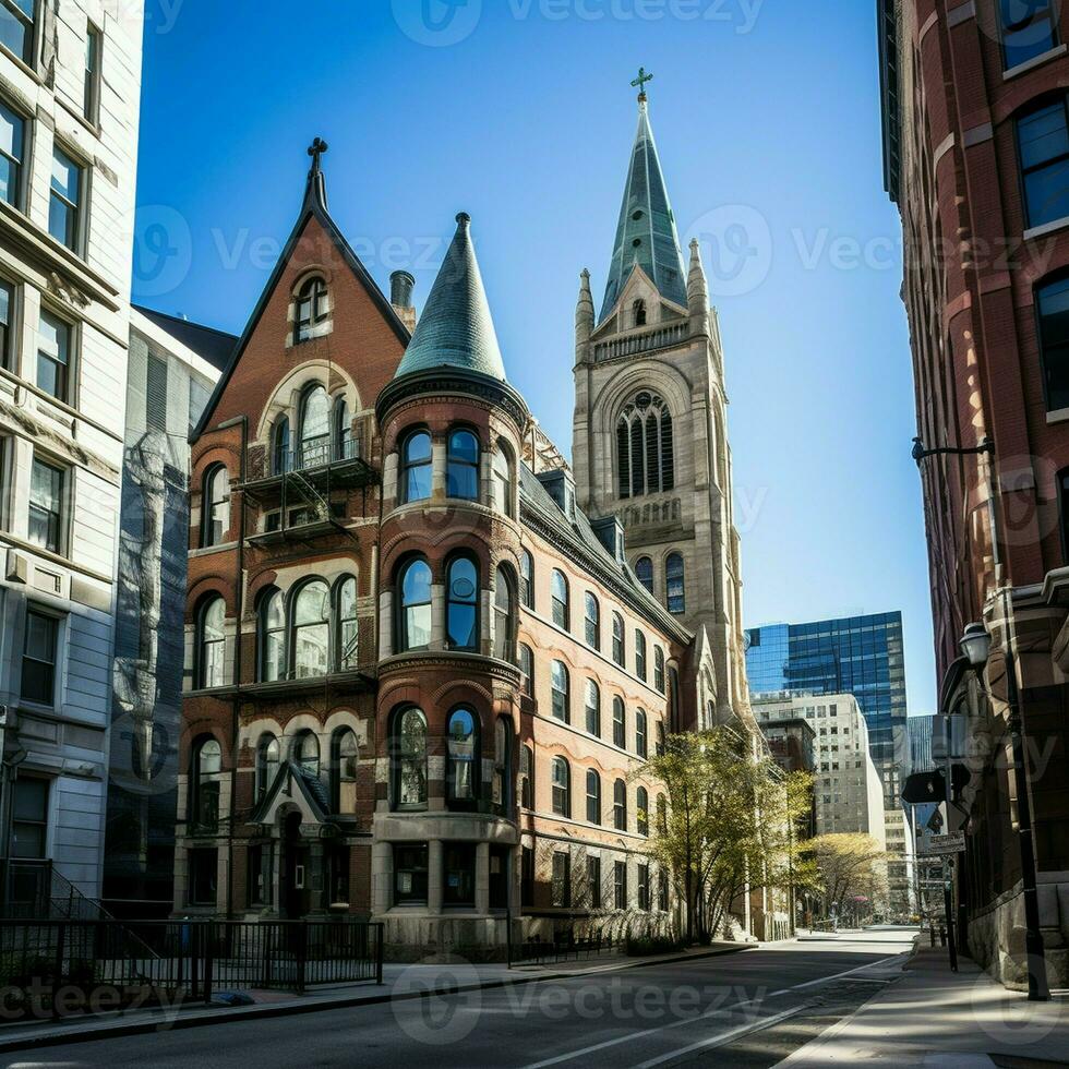 rückwärts verraten Dreieinigkeit Kirche und administrative oder Büro Gebäude im das Stadt Center. foto