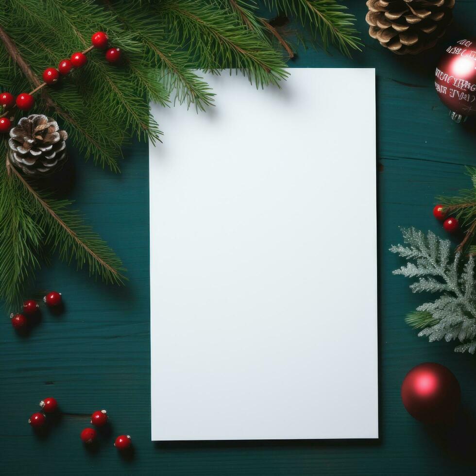 Weiß Papier auf Weihnachten Hintergrund bedeckt durch Tanne Geäst mit rot foto