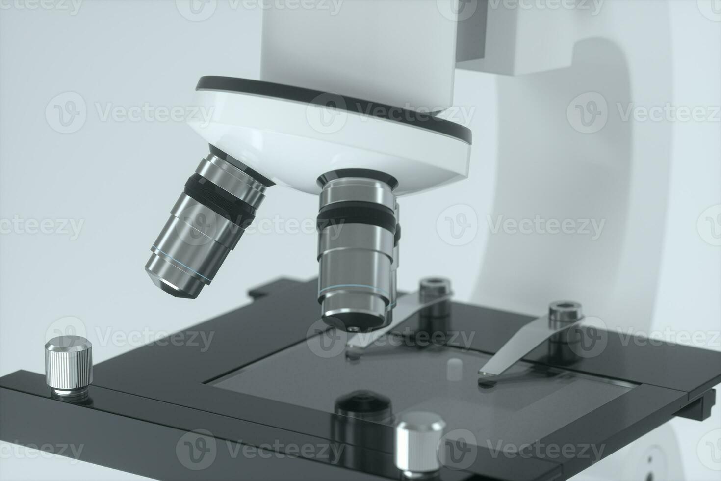 Mikroskop mit Weiß Hintergrund, abstrakt Konzeption, 3d Wiedergabe. foto