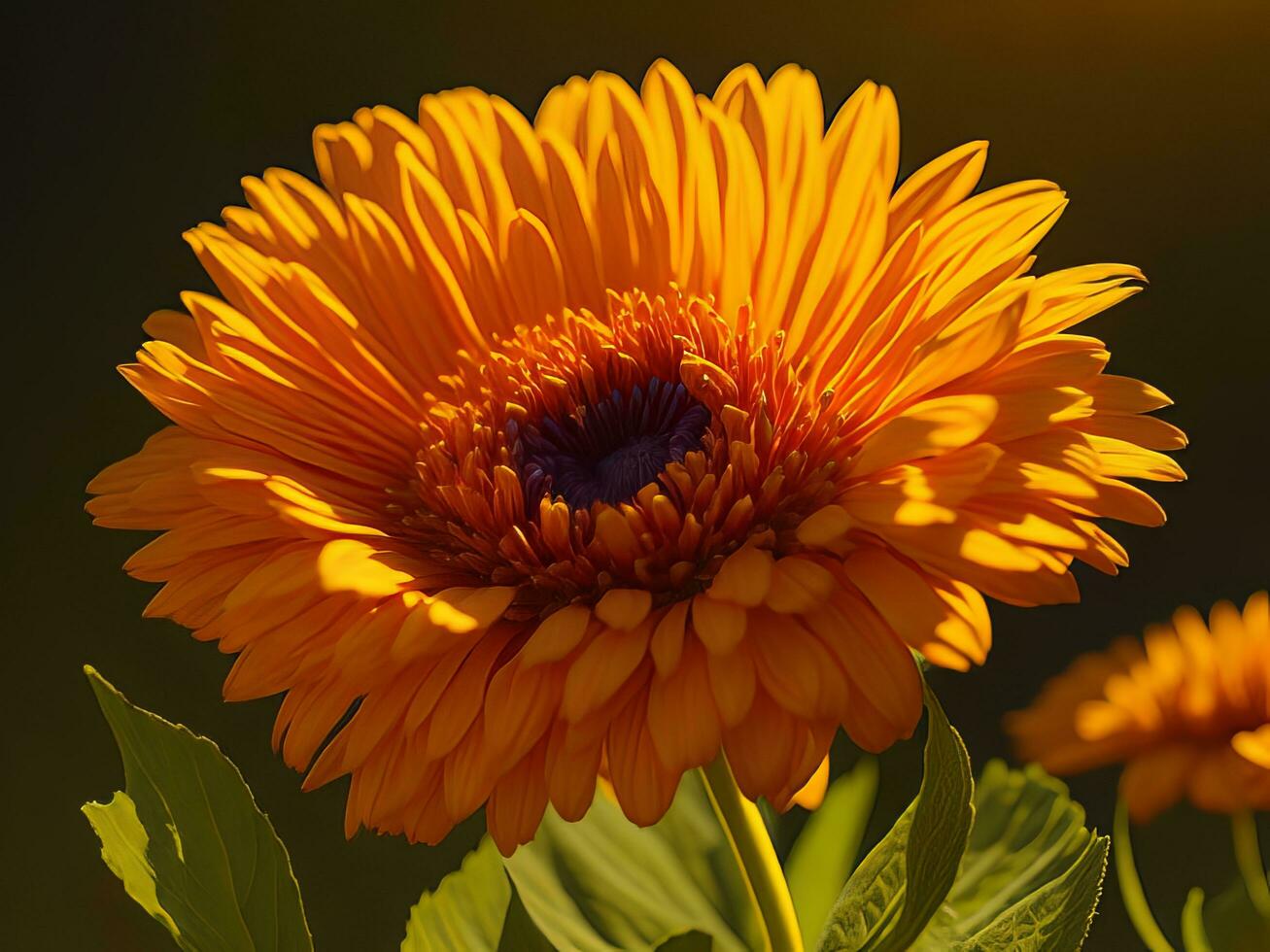 ein beschwingt Ringelblume Blume im voll blühen, mit es ist Blütenblätter entfaltet unter das warm Sonnenlicht. foto