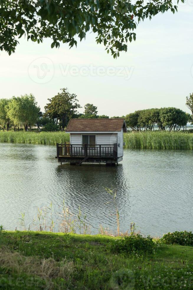 das Hütte Über das See im das Öffentlichkeit Park. foto