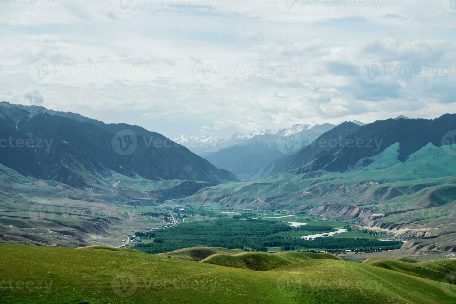 Wiese und Berge im ein sonnig Tag. foto