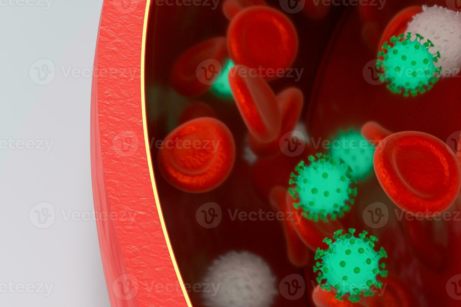 Virus im das Blut Schiff, mit rot und Weiß Blut Zellen, 3d Wiedergabe. foto