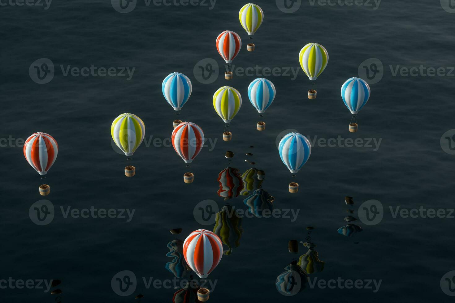 heiß Luft Ballon fliegend Über das Ozean, 3d Wiedergabe. foto