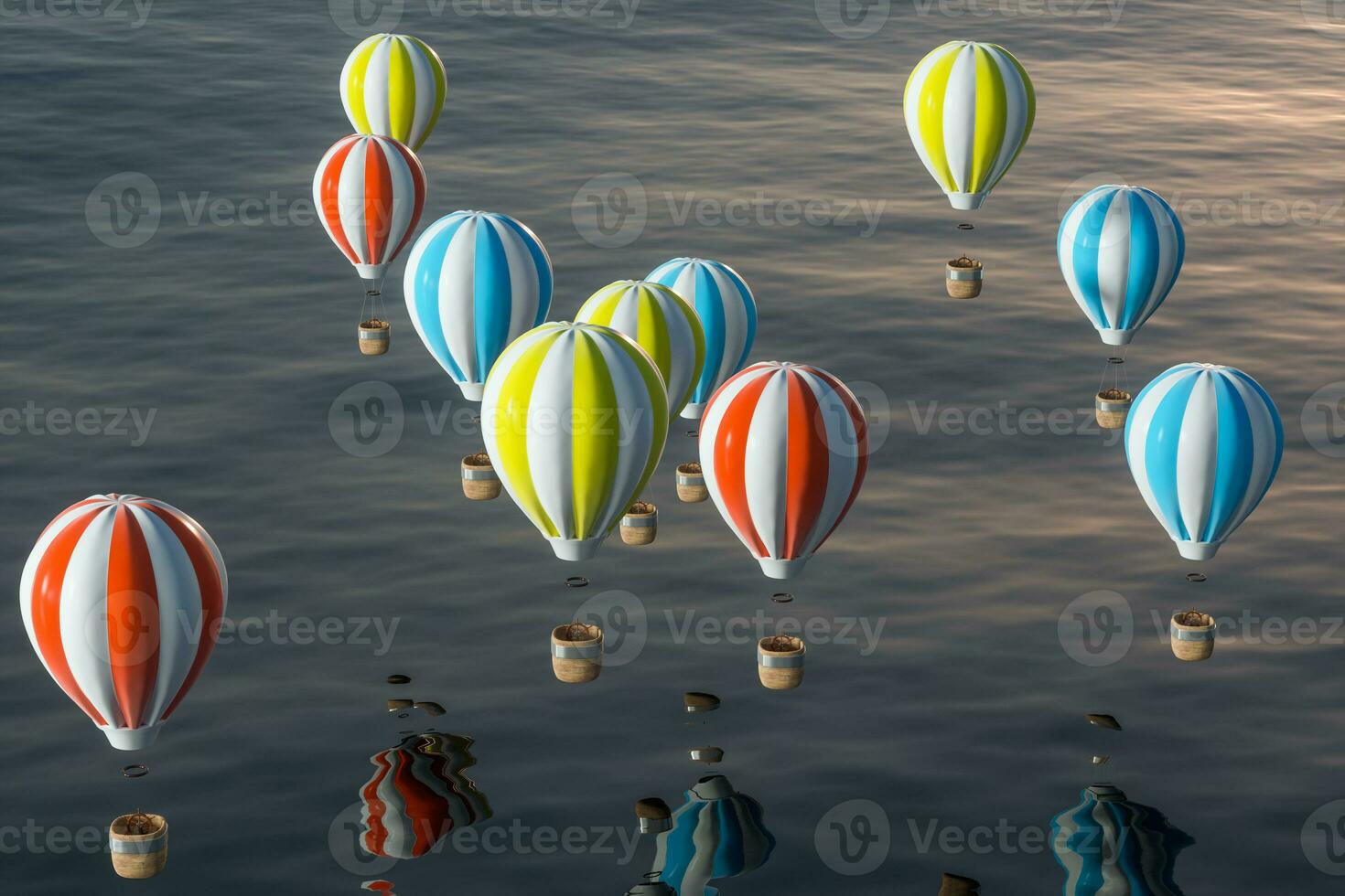 heiß Luft Ballon fliegend Über das Ozean, 3d Wiedergabe. foto