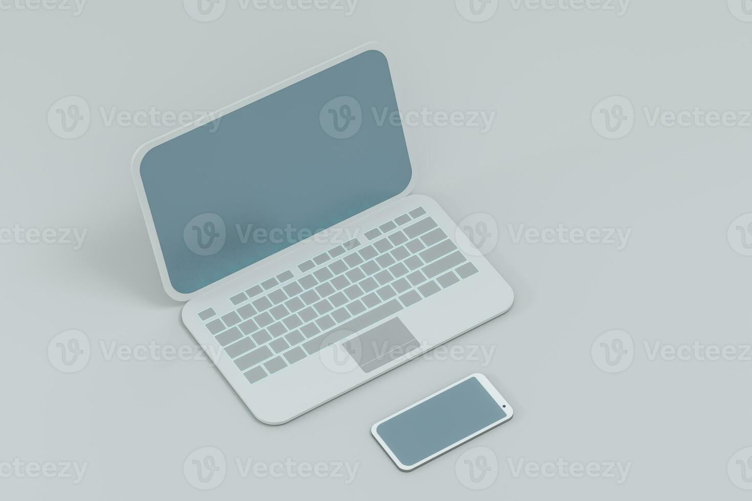 Laptop und Telefon mit Weiß Hintergrund, technologisch Konzept, 3d Wiedergabe. foto