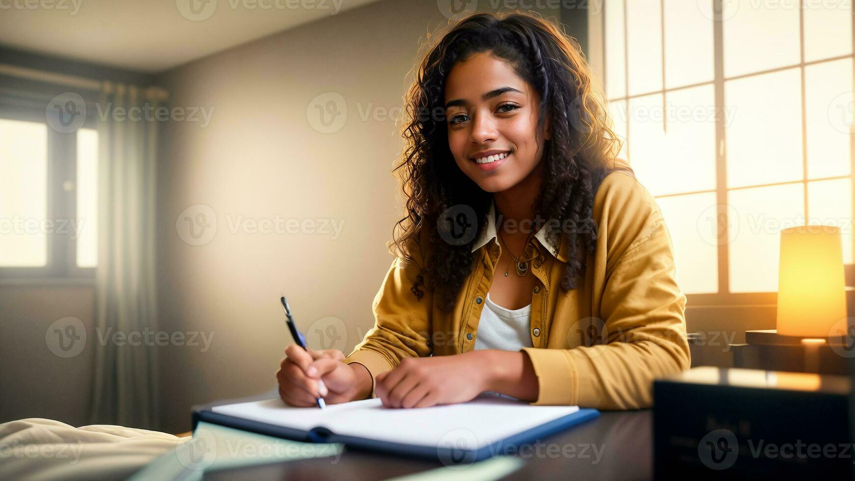 konzentriert jung afrikanisch amerikanisch Geschäftsfrau oder Schüler halten Buch Lernen, schwarz lächeln Frau Arbeiten oder studieren. generativ ai foto