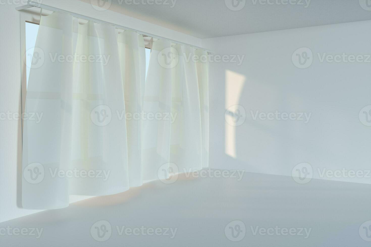 ein leeren Zimmer mit Sonnenschein Kommen Sie durch das Vorhang, 3d Wiedergabe. foto