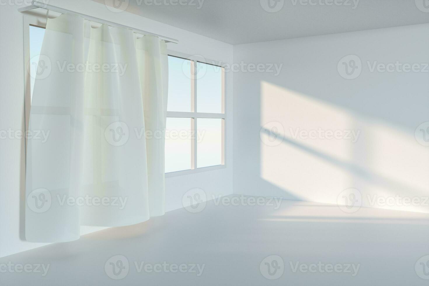 ein leeren Zimmer mit Sonnenschein Kommen Sie durch das Vorhang, 3d Wiedergabe. foto