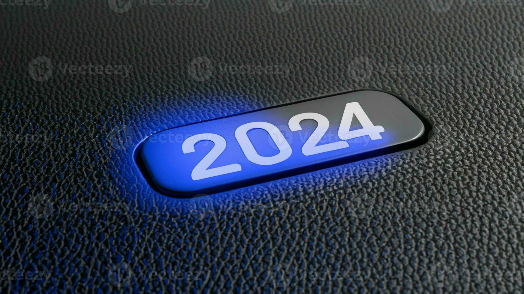 Start Taste Jahr 2024 metallisch Blau glühen auf schwarz Leder Hintergrund foto