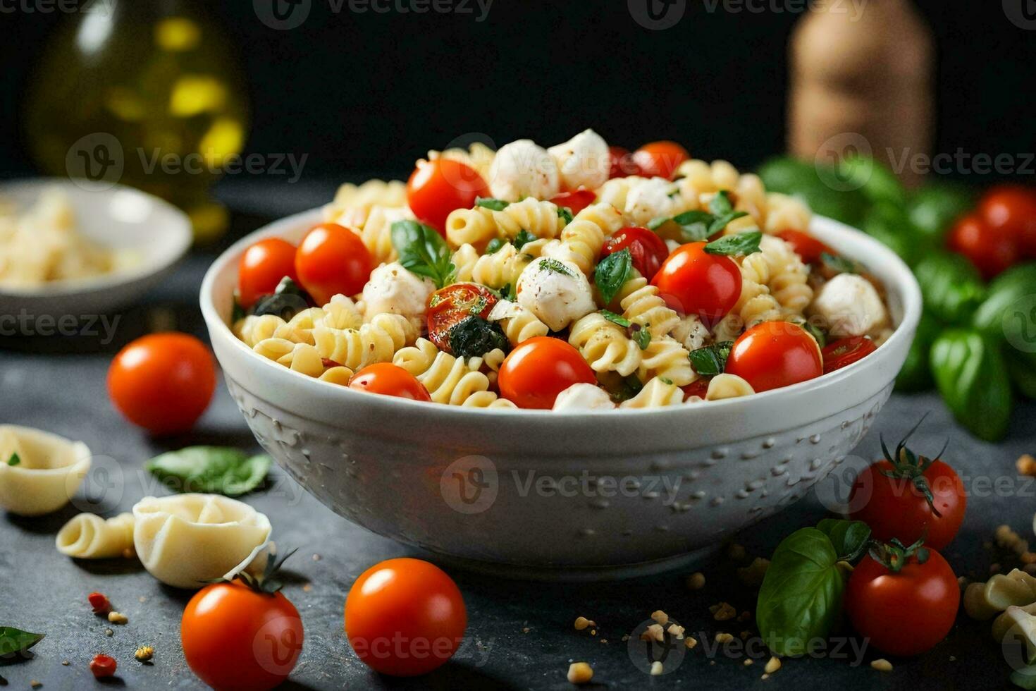 ein Schüssel von Pasta Salat mit farfalle Pasta, Kirsche Tomaten, Mozzarella Bälle, und Basilikum Blätter. foto