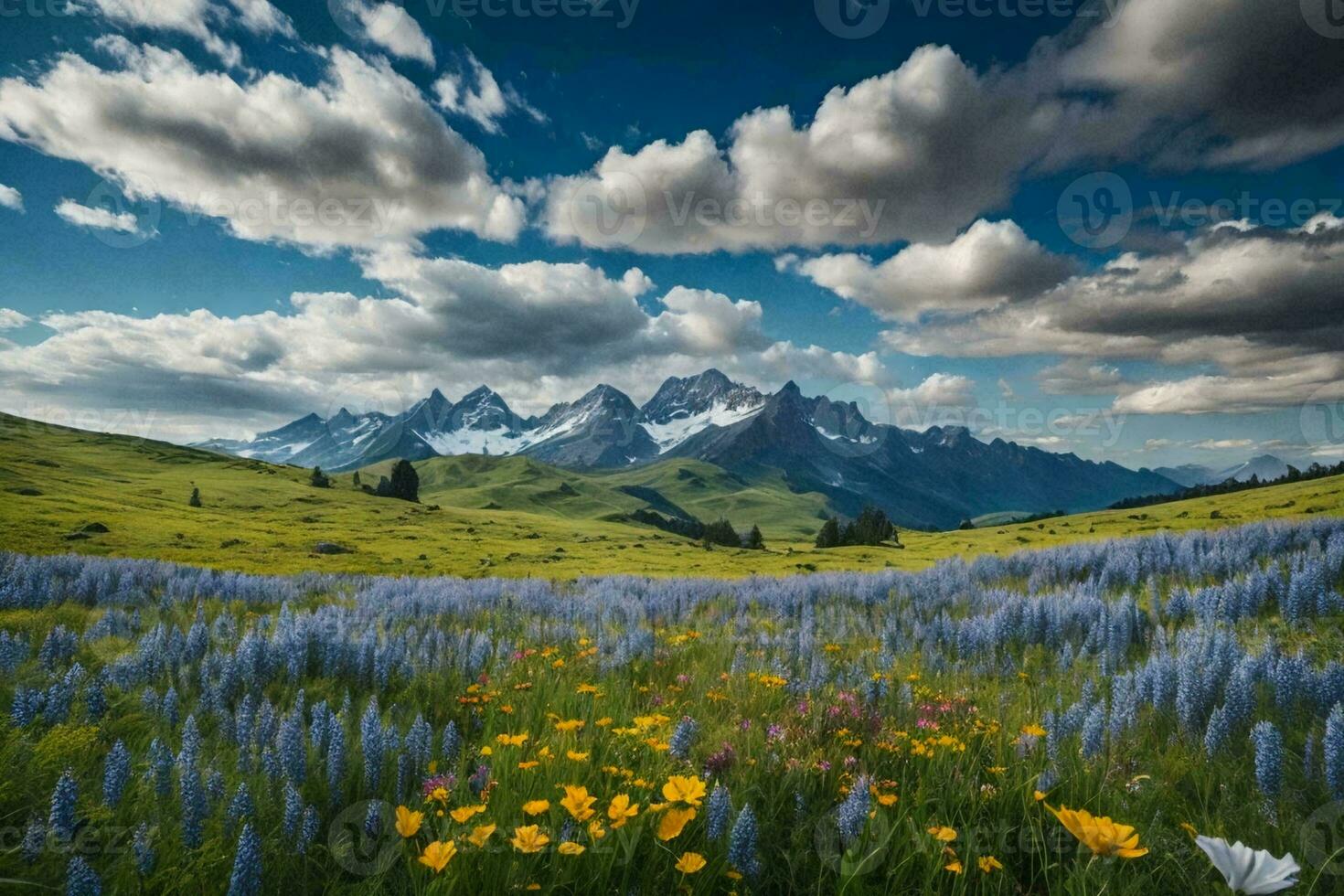 Landschaft Fotografie von ein beschwingt Sommer- Wiese, ein still Szene von unkultiviert Schönheit im Natur. foto