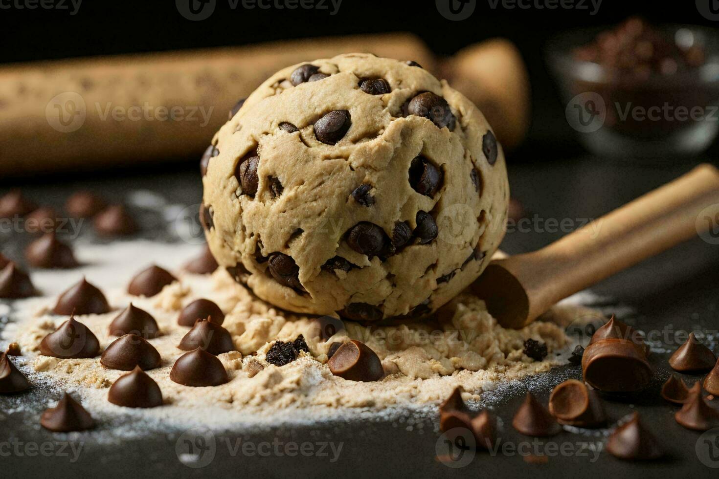 Plätzchen Teig Ball mit Schokolade Chips auf ein hölzern rollen Stift. foto