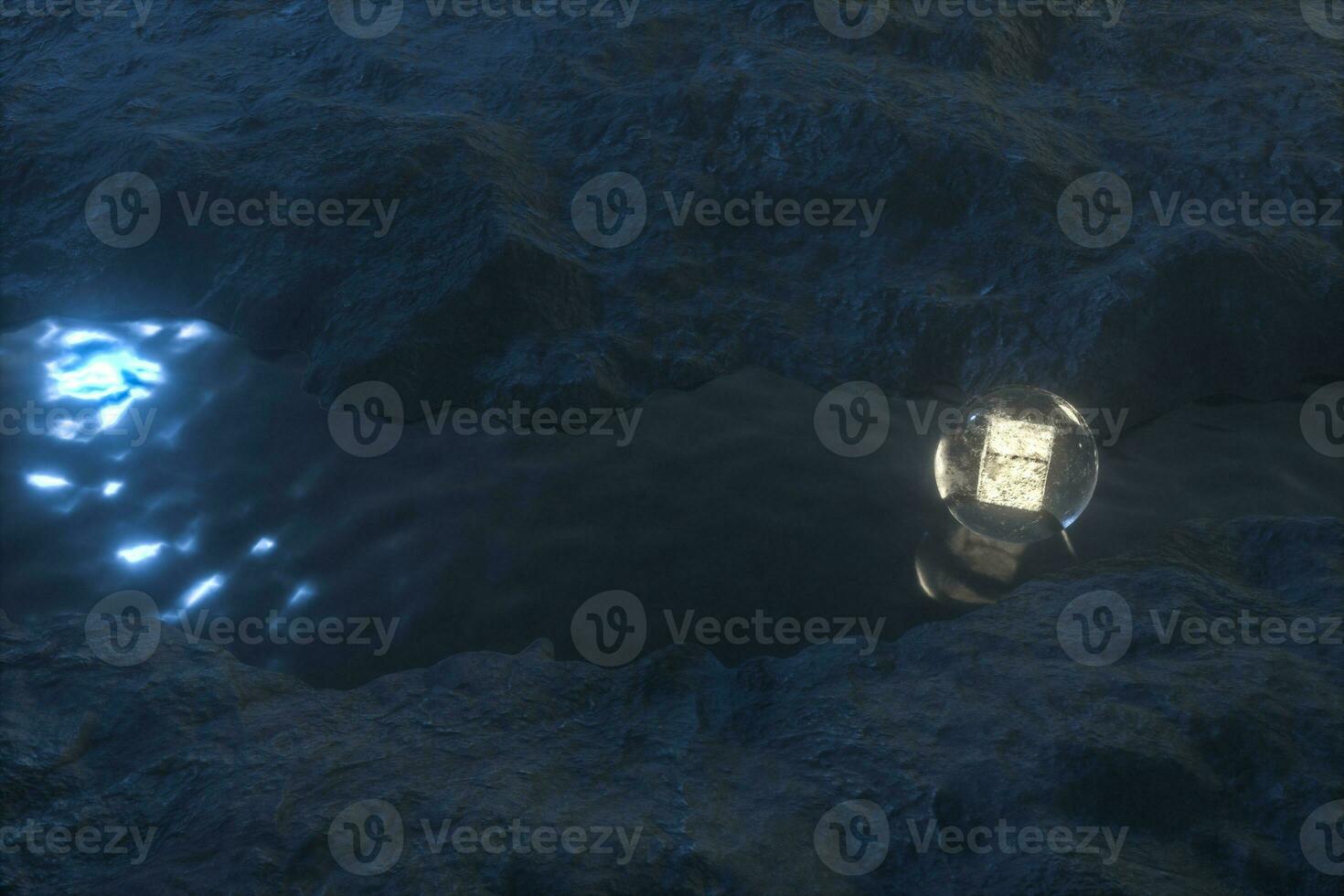 das fließend Laterne im das Fluss zwischen das Berge beim Nacht, 3d Rendern foto