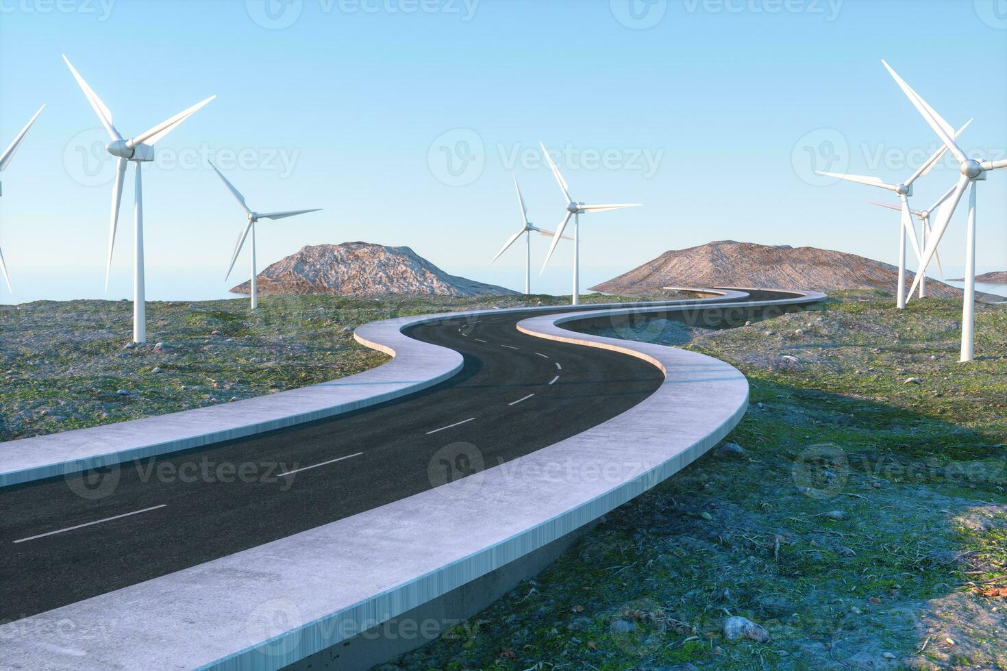 Windmühlen und Wicklung Straße im das offen, 3d Wiedergabe. foto