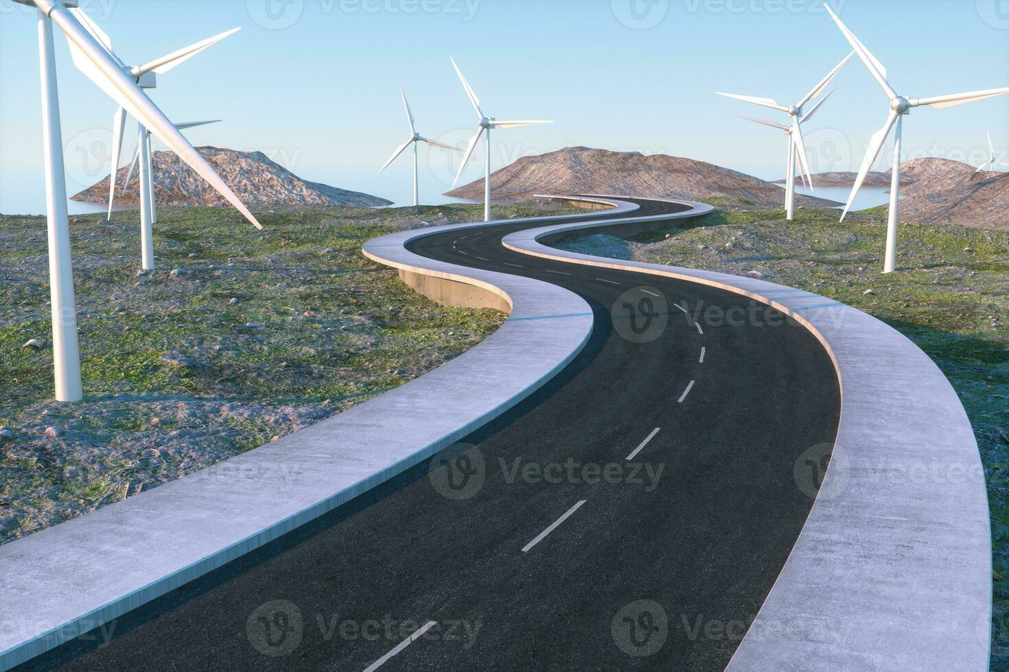 Windmühlen und Wicklung Straße im das offen, 3d Wiedergabe. foto