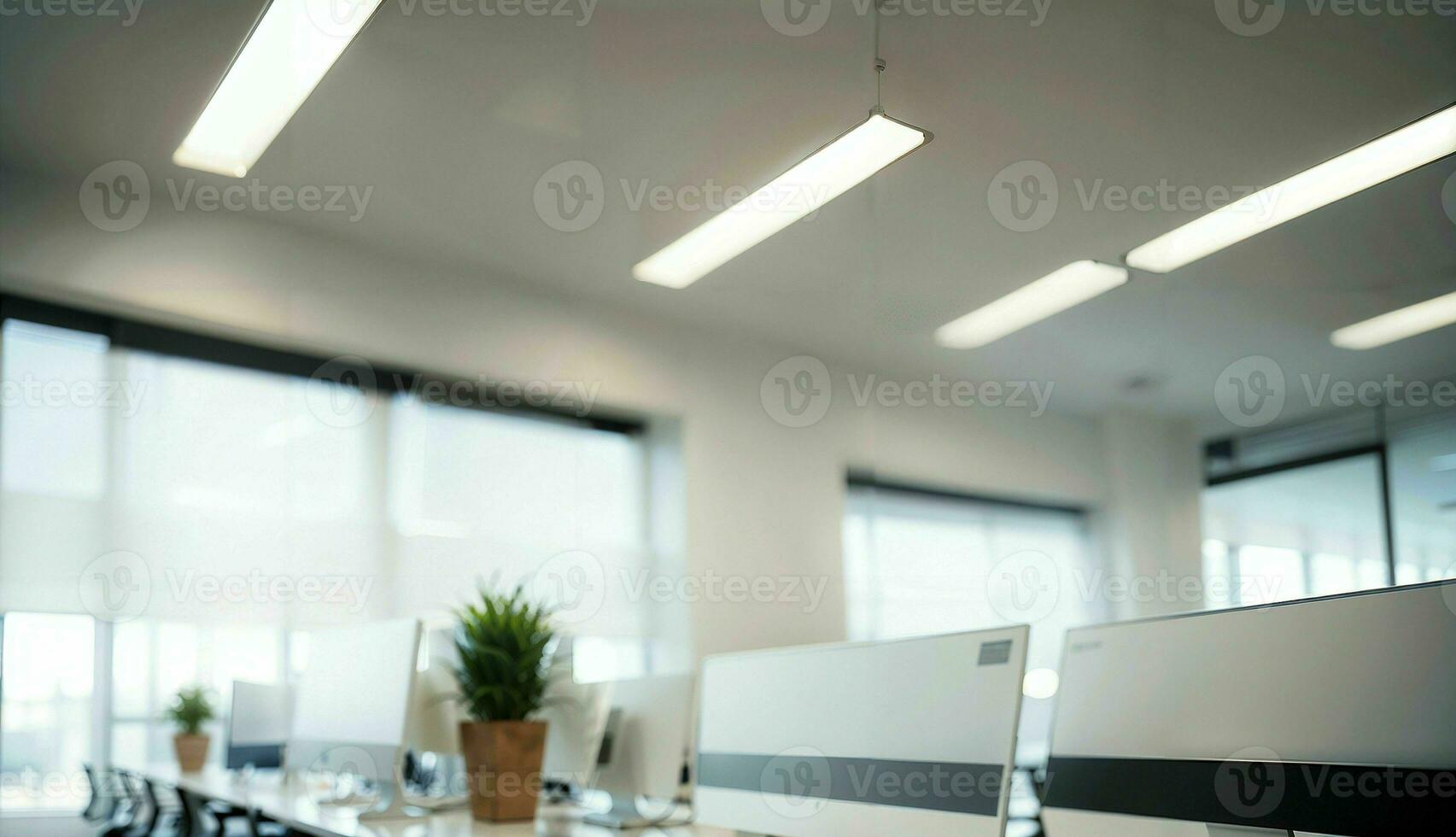 verschwommen Hintergrund von ein Licht modern Büro mit Panorama- Fenster und schön Beleuchtung ai generiert foto