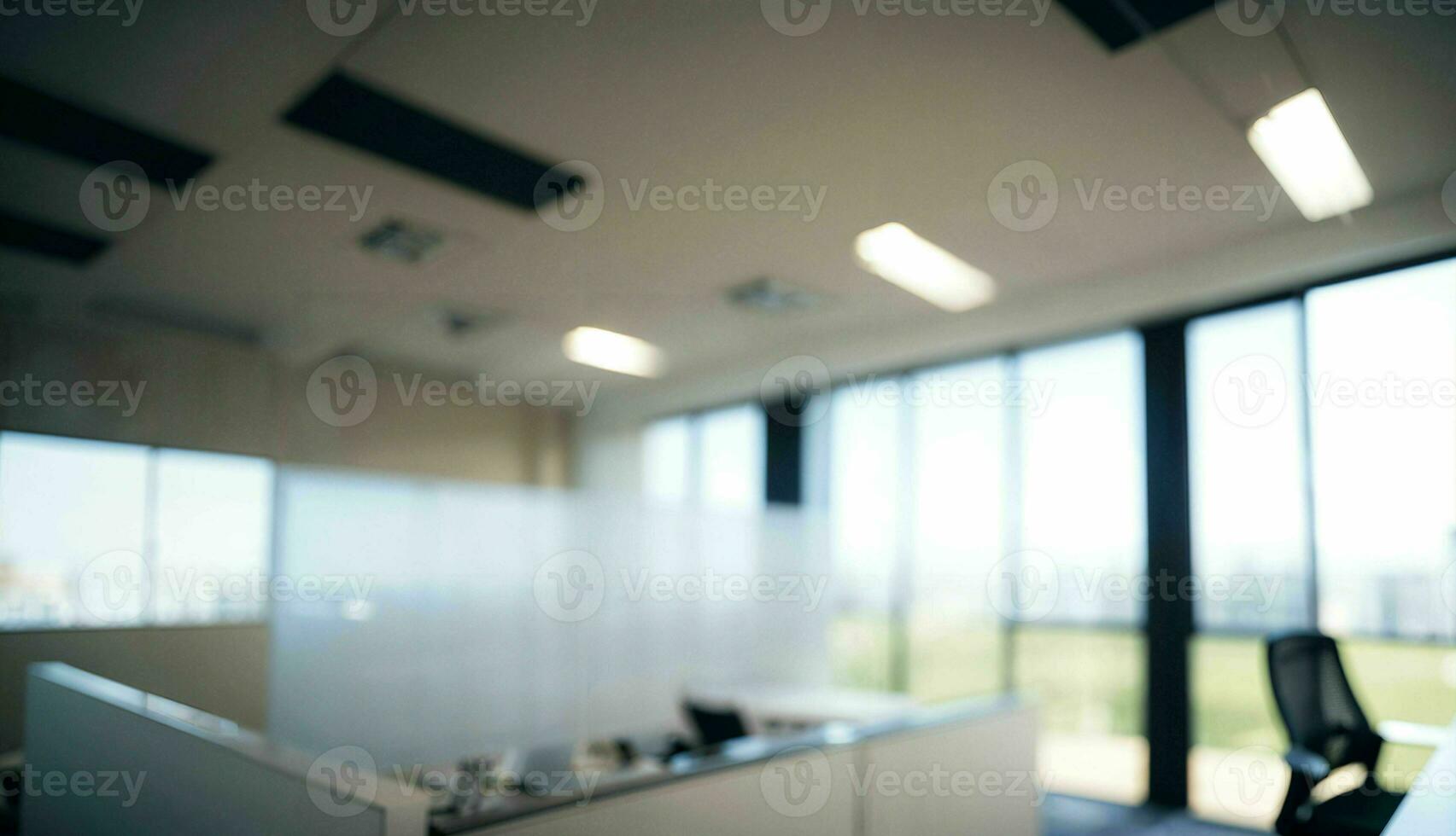 verschwommen Hintergrund von ein Licht modern Büro mit Panorama- Fenster und schön Beleuchtung ai generiert foto