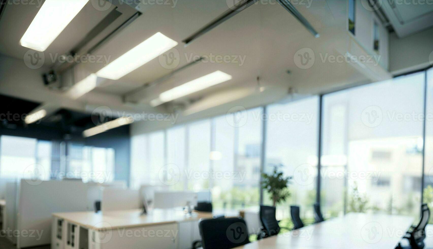 verschwommen Hintergrund von ein Licht modern Büro mit Panorama- Fenster und schön Beleuchtung ai generiert foto