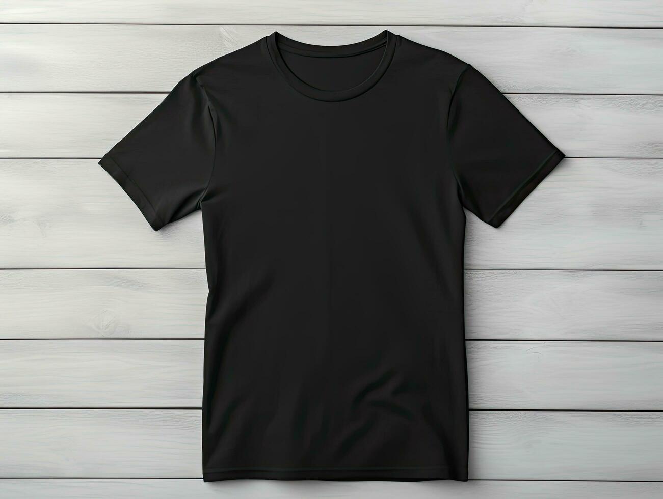 Produkt spotten oben Design von ein leer schwarz T-Shirt auf ein Weiß hölzern Hintergrund foto