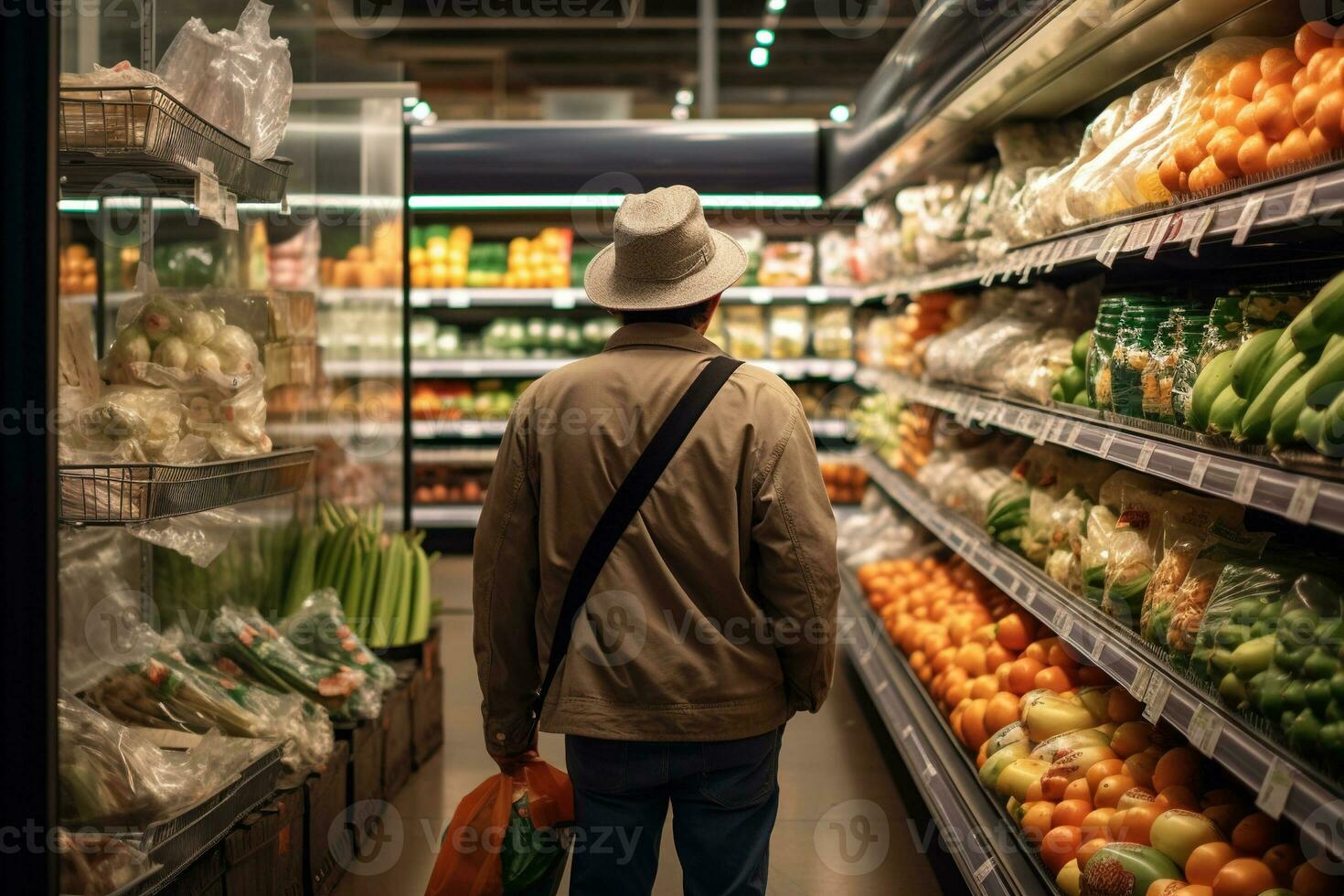 ein Mann Einkaufen zum Lebensmittel im ein Supermarkt Lebensmittelgeschäft Geschäft ai generativ foto