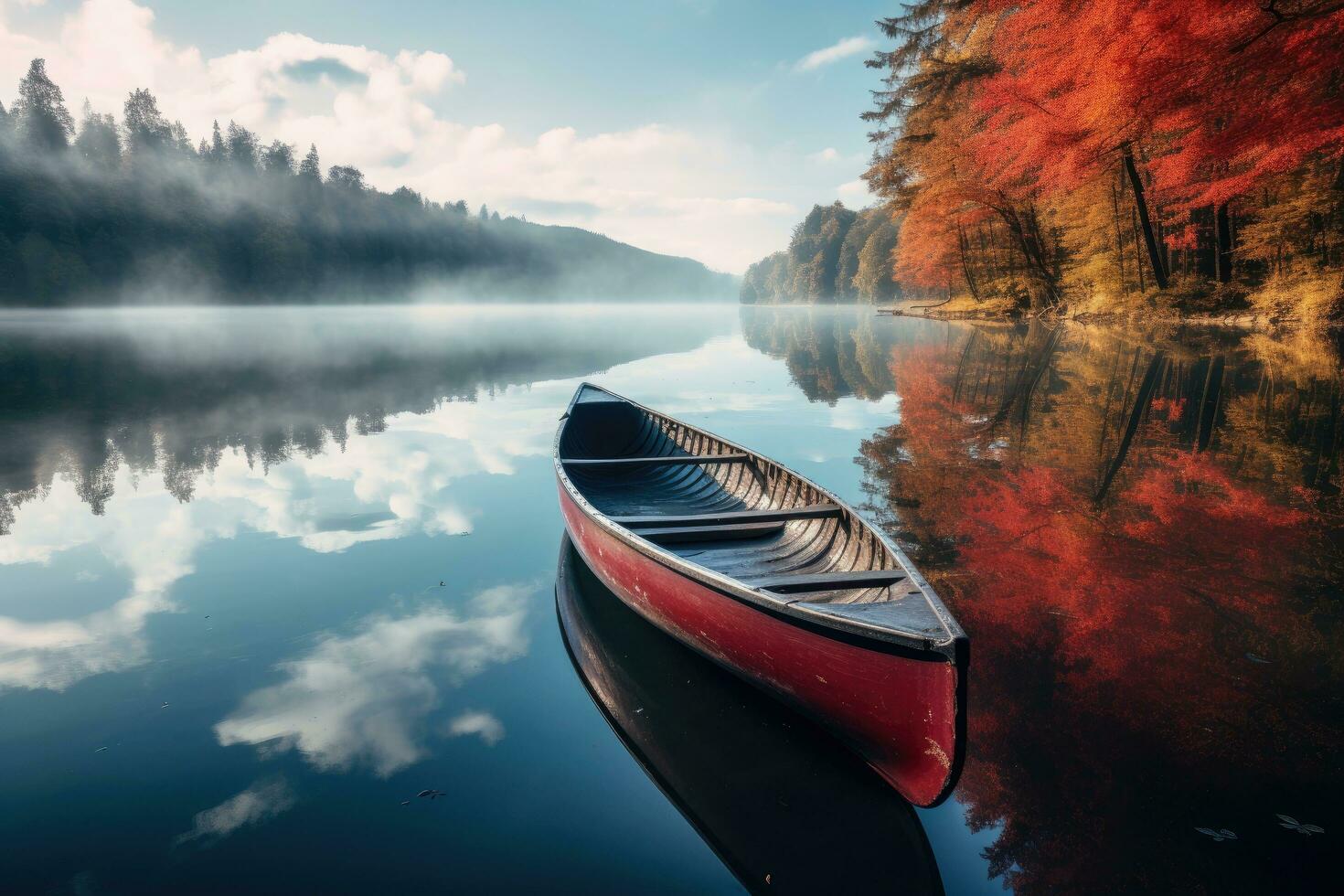 rot Kanu auf das See im das Herbst Wald. schön Landschaft. Kanu auf See, ai generiert foto