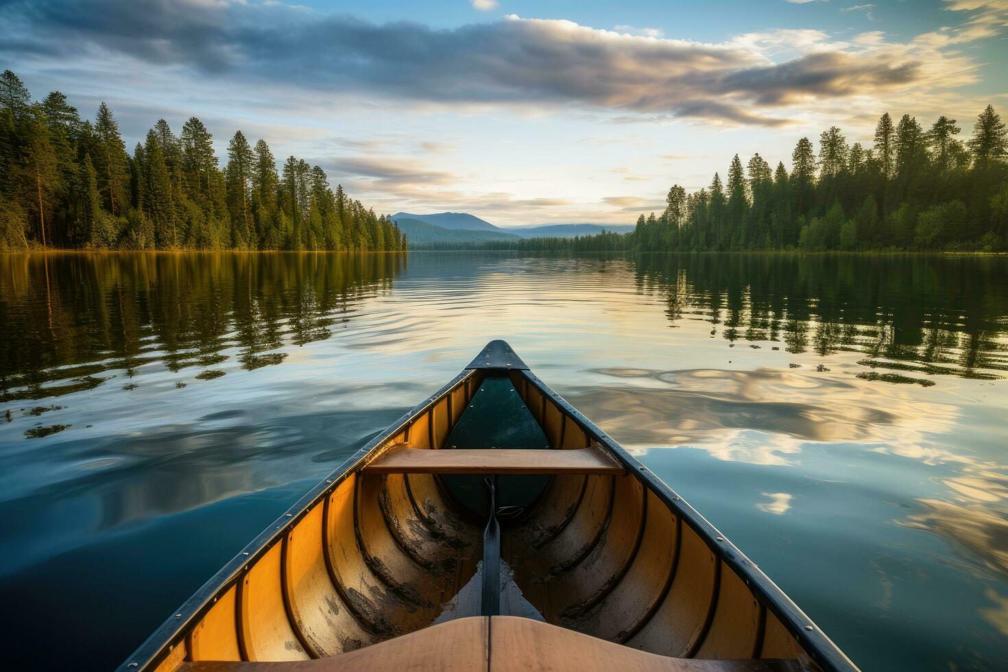 Kajak auf das See im das Berge beim Sonnenuntergang. Karelien, Russland, Kanu auf See, ai generiert foto