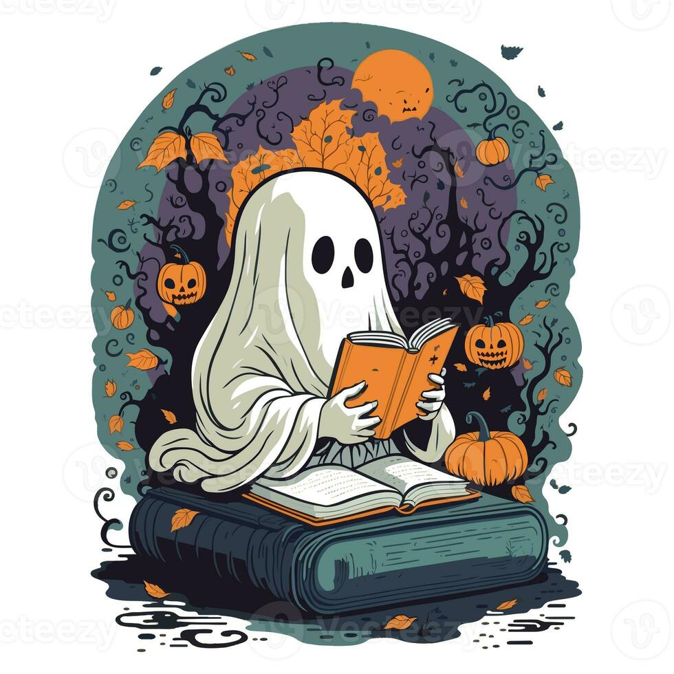 Geist lesen ein Buch auf Halloween Nacht foto