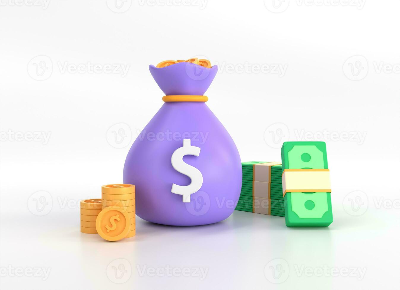 3d Symbol von ein Geld Tasche und ein Stapel von Gold Münzen im ein minimalistisch Karikatur Stil. Konzept von Geschäft, finanziell Investition oder Ersparnisse. Illustration isoliert auf Weiß Hintergrund. 3d Rendern foto