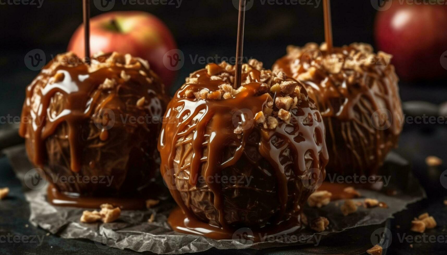 ein Gourmet Dessert Schokolade eingetaucht Apfel mit Karamell und Mäusespeck generiert durch ai foto