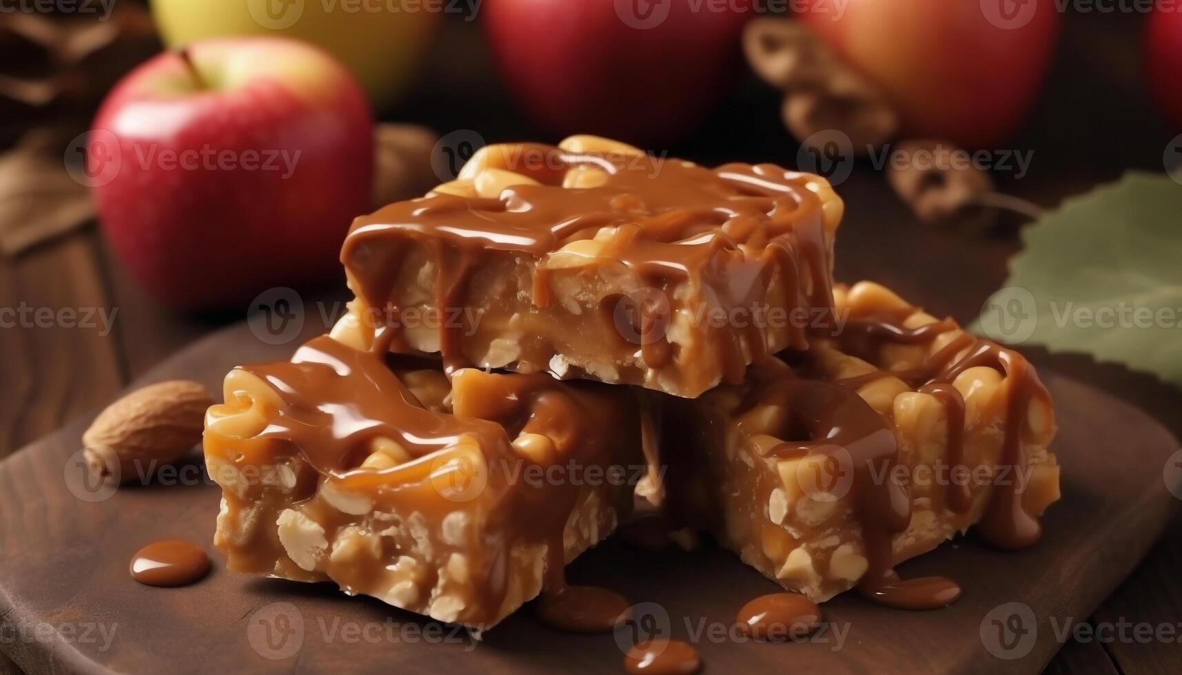 ein Stapel von hausgemacht Karamell Fudge mit dunkel Schokolade Nieselregen generiert durch ai foto