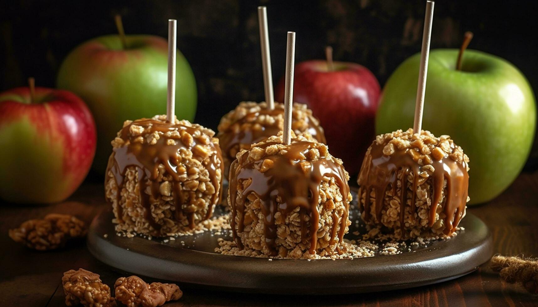 Gourmet Dessert Schokolade eingetaucht Apfel mit Karamell, Nussbaum, und Pekannuss generiert durch ai foto