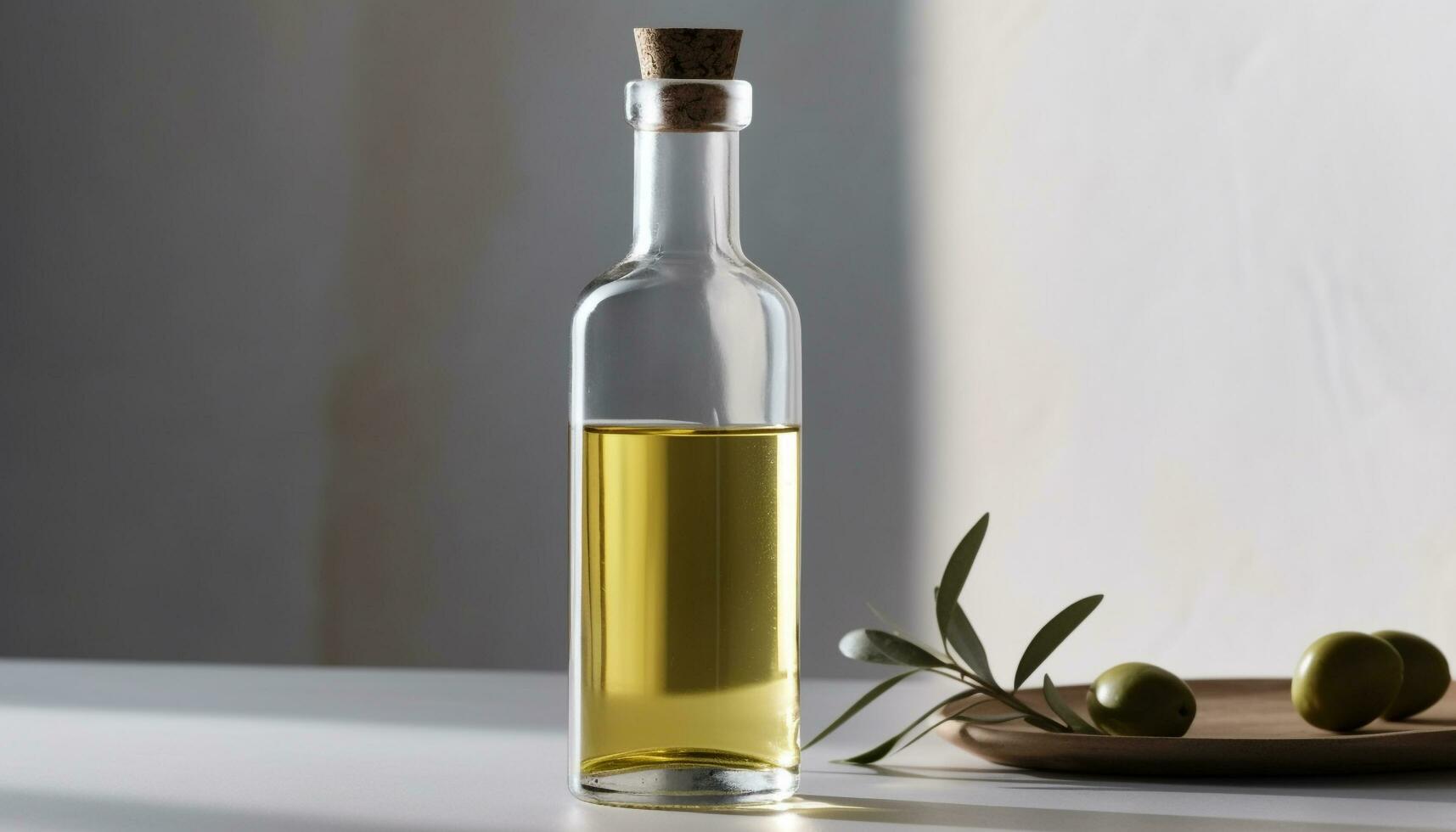 frisch Olive Öl, Natur gesund Würze, im transparent Glas Flasche generiert durch ai foto