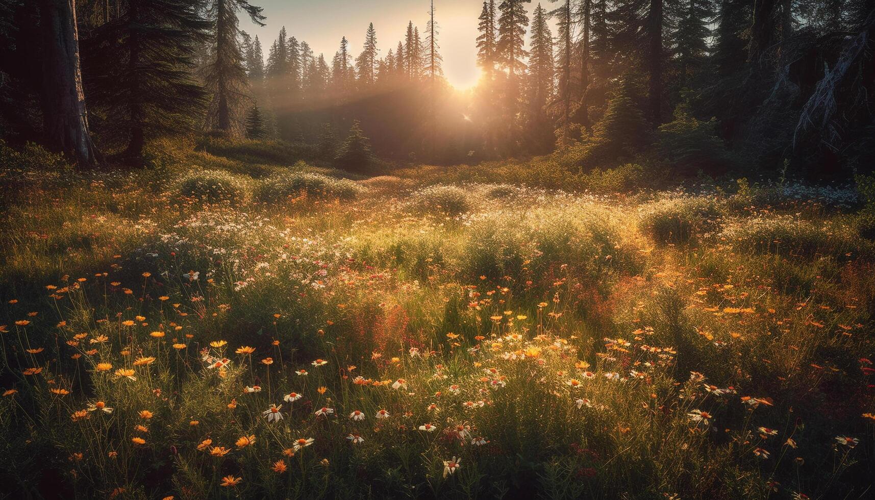 ein beschwingt Wiese von Wildblumen unter ein Blau Sommer- Himmel generiert durch ai foto