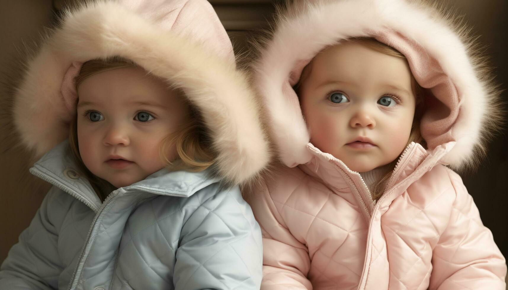 süß Baby Junge und Mädchen lächelnd, spielen draußen im Winter generiert durch ai foto