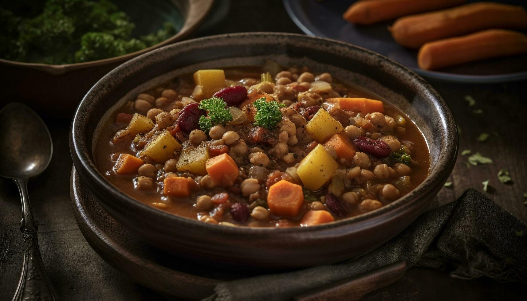 Frische und rustikal, hausgemacht Eintopf mit gekocht Fleisch und Gemüse generiert durch ai foto