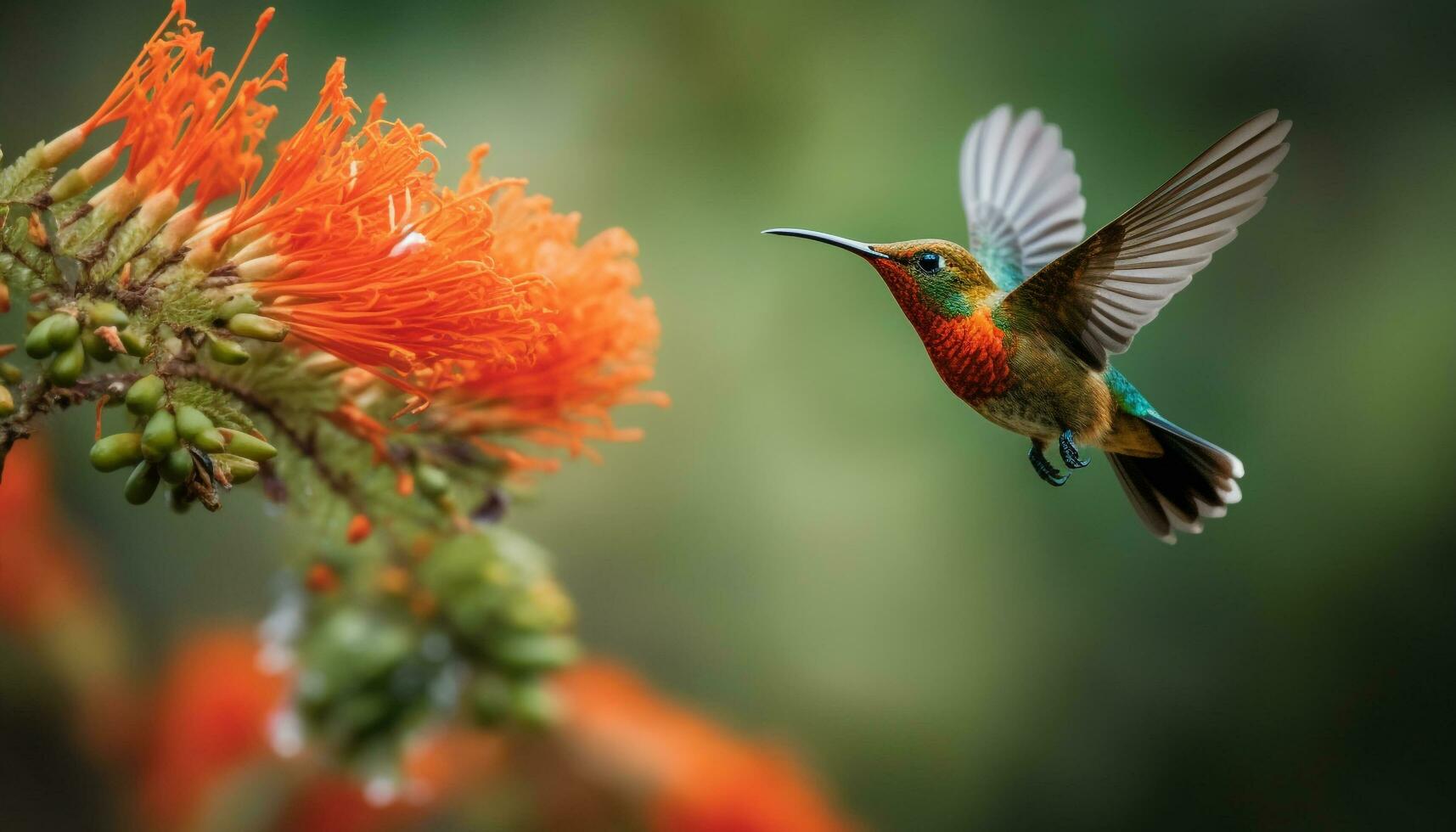 Kolibri schwebt, bestäubt, und Spreads beschwingt Farben im Natur generiert durch ai foto