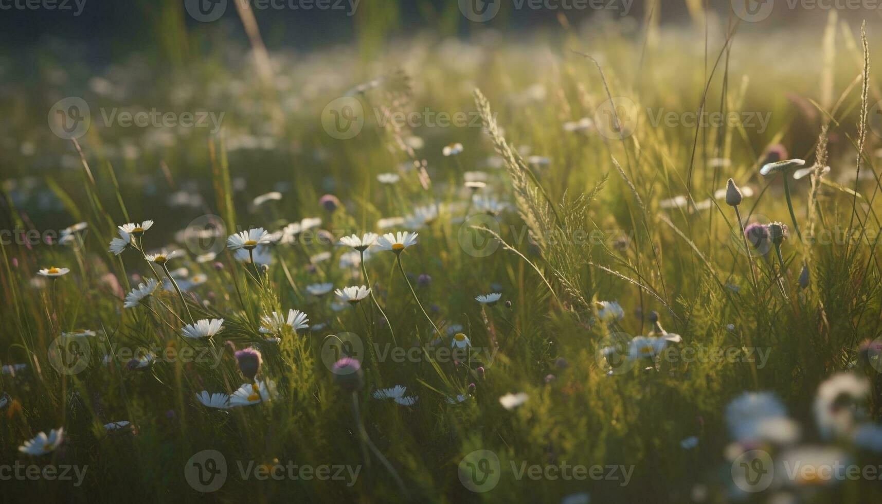 beschwingt Gänseblümchen Blüten im ein Wiese, ein still Sommer- Szene generiert durch ai foto