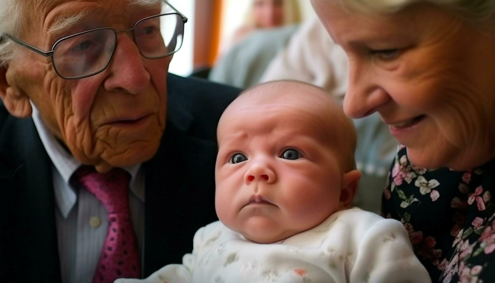 ein liebend multi Generation Familie, lächelnd und halten ihr süß Baby generiert durch ai foto