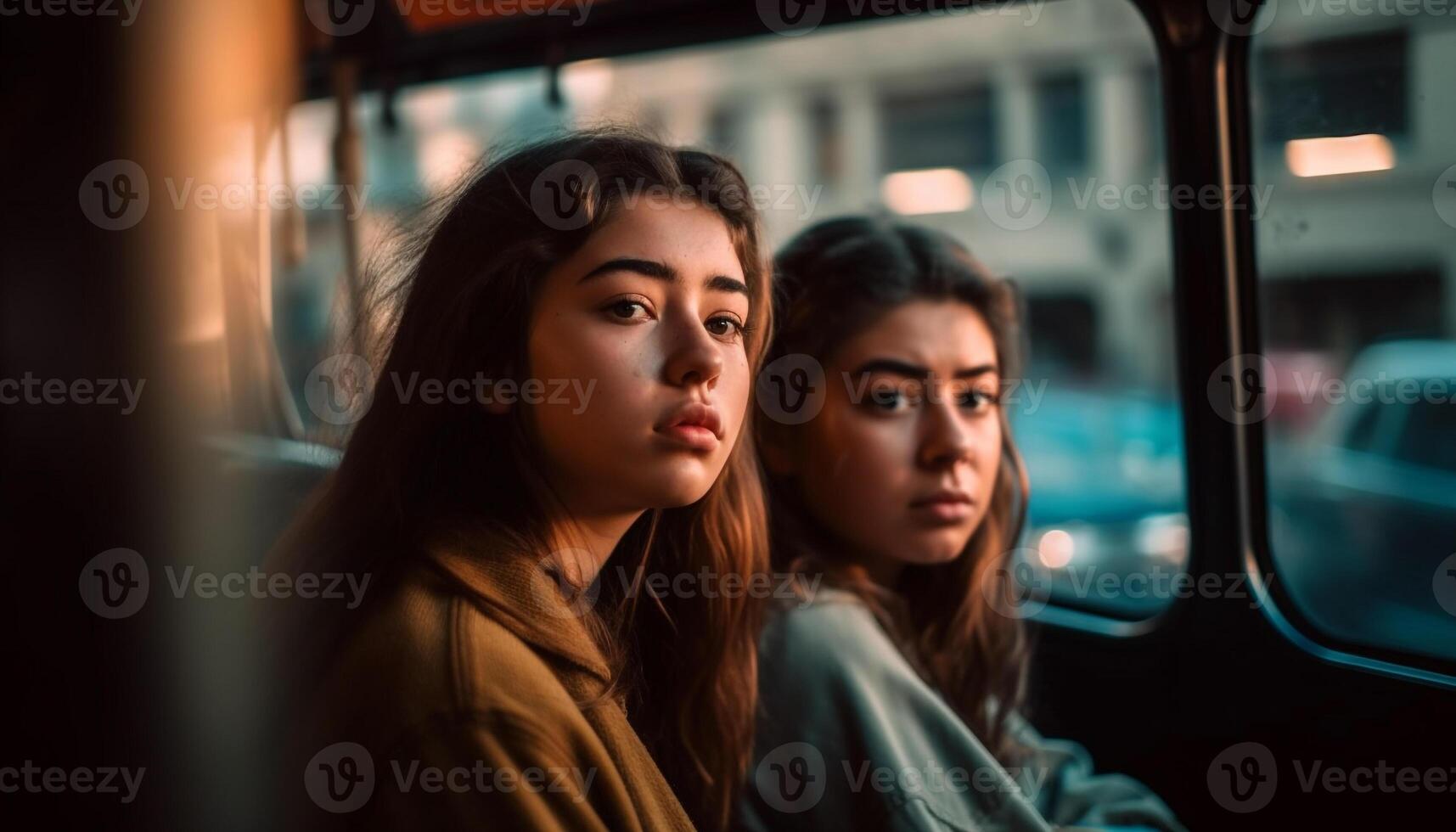 zwei jung Frauen Sitzung auf ein Bus, suchen beim Kamera, lächelnd generiert durch ai foto