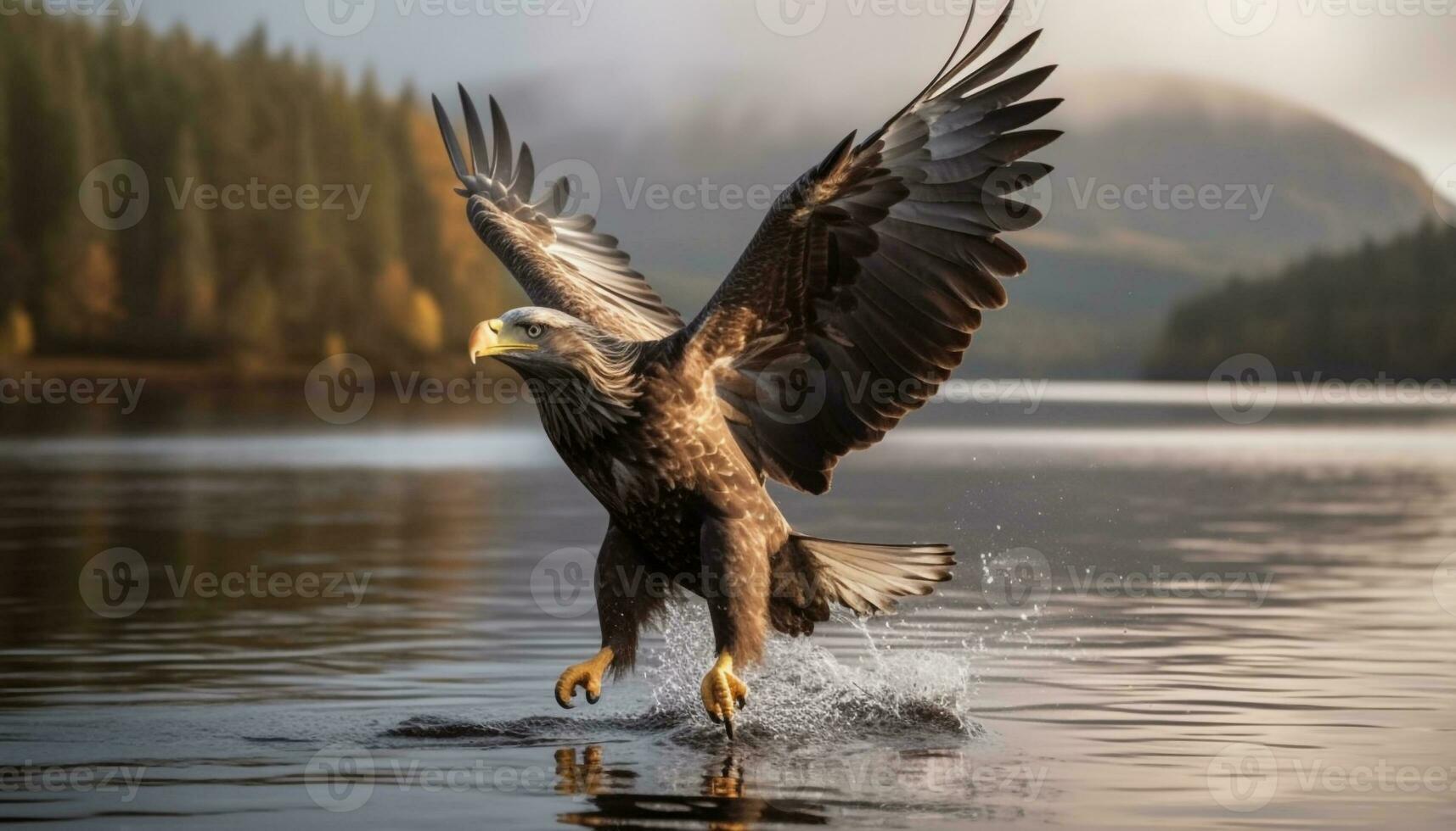 kahl Adler hochfliegend majestätisch Über still Winter Wald Landschaft generiert durch ai foto