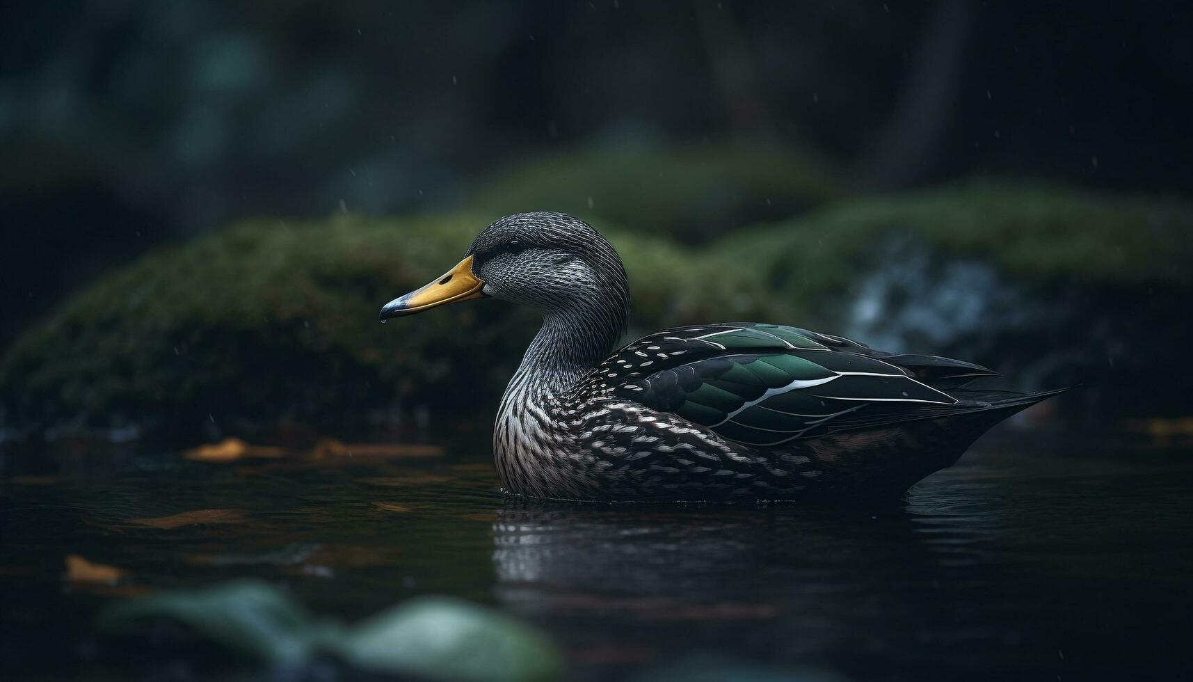 Stockente Ente Schwimmen im ein still Teich, umgeben durch Natur generiert durch ai foto